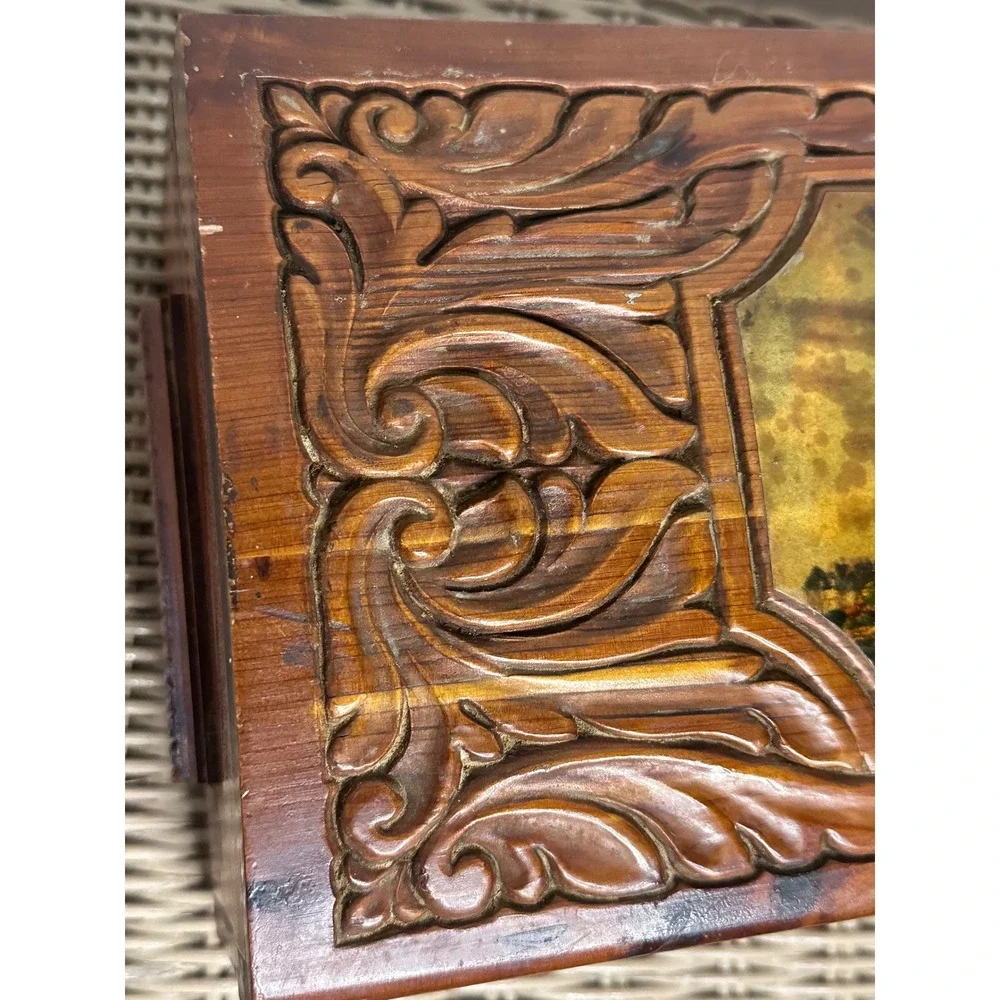 Vintage Hand Carved Cedar Wood Jewelry Box etched Mirror Windmill Footed 50s